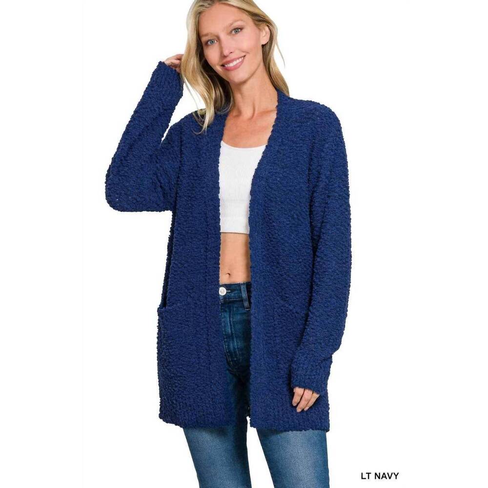 NEW 42POPS popcorn sweater cardigan with pockets in light navy
